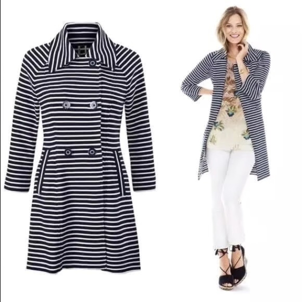 Cabi Womens Navy Blue White Striped Maritime Trench Coat Knit‎ Jacket Size M